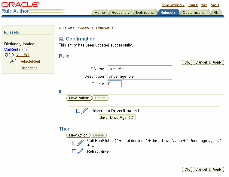 Rule Author Under Age Rule with Pattern and Actions