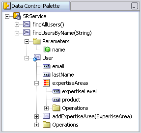 Data Control Palette shows services declarative data binding