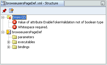 Structure window displays XML error.