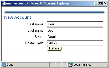 New Account screen asking for name and address