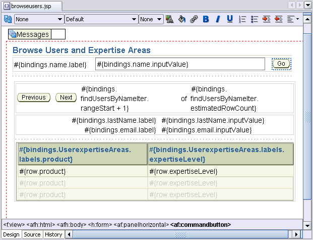 browse users JSF page in the visual designer
