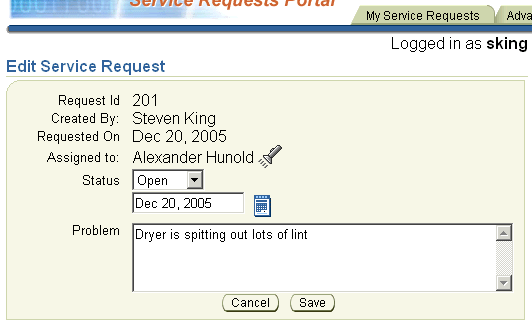 Edit Service Request page showing assigned request