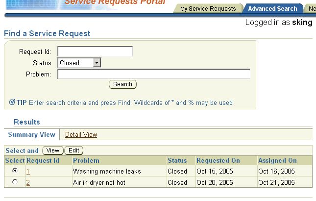 Search page showing closed service requests summary table