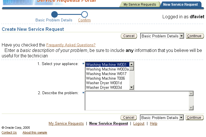 Create service request page to enter product and description