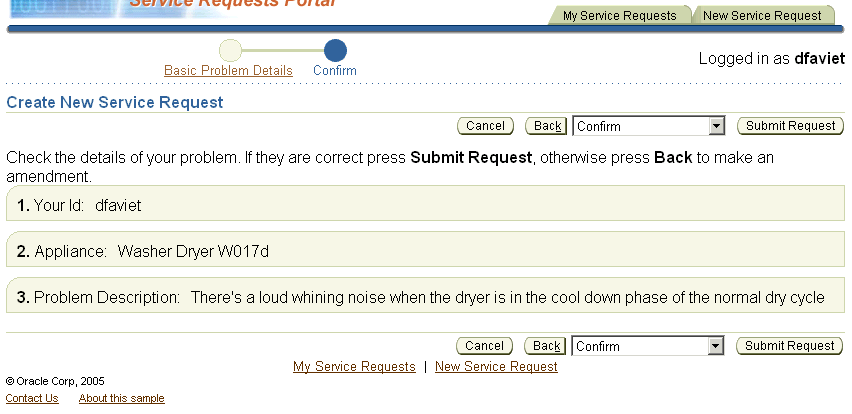 Confirmation page for creating service request