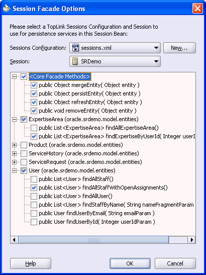 This image shows the Session Facade Methods dialog