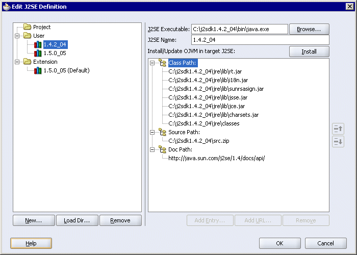 image of Edit J2SE Definition dialog with new JDK library