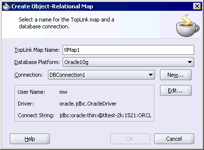 This figure shows the Create Object Relational Map dialog