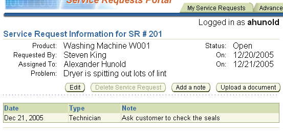 Upload function on service request information page