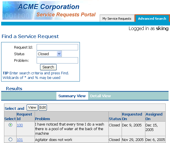 The results table displays once a search is executed.