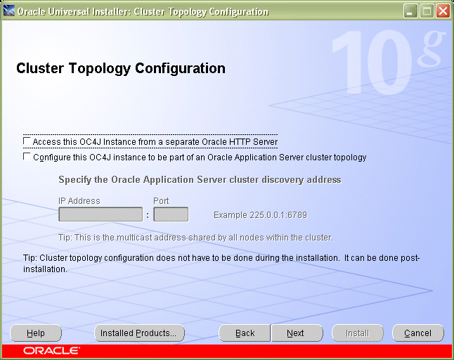 Cluster Topology Configuration screen for J2EE installation