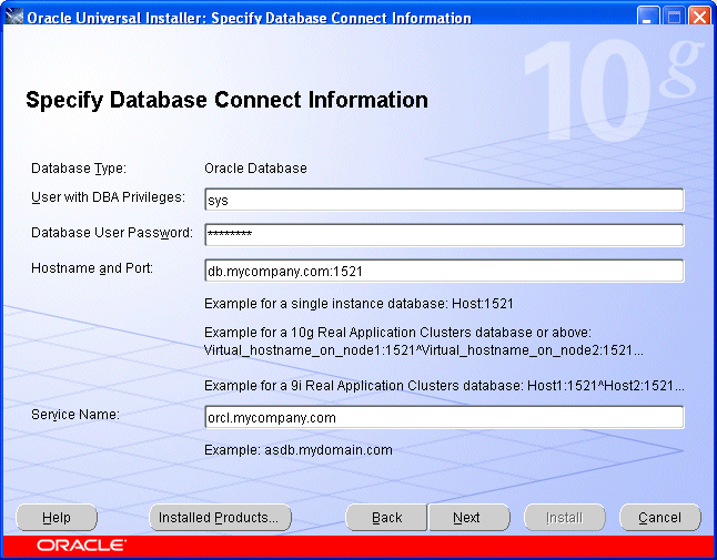 Specify Database Connect Information screen