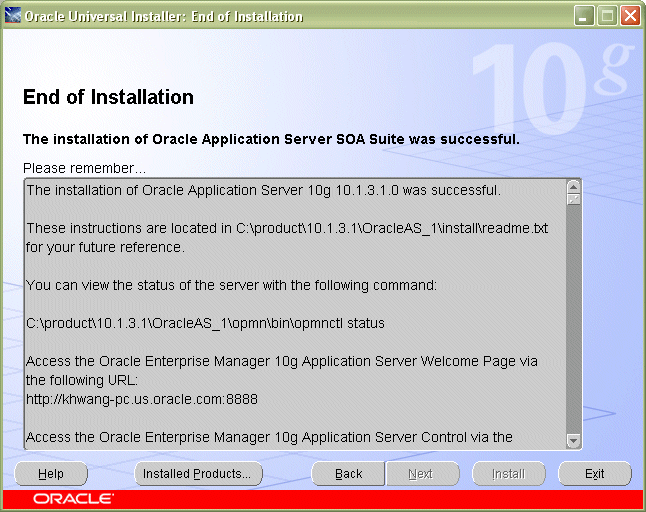 End of Installation screen