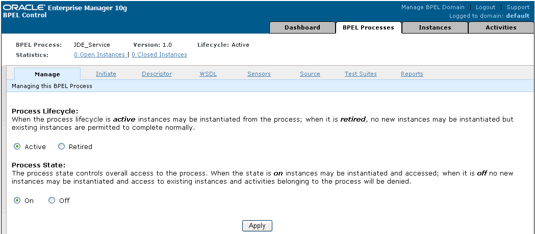 Oracle BPEL Console Manage tab Oracle BPEL Console Manage tab