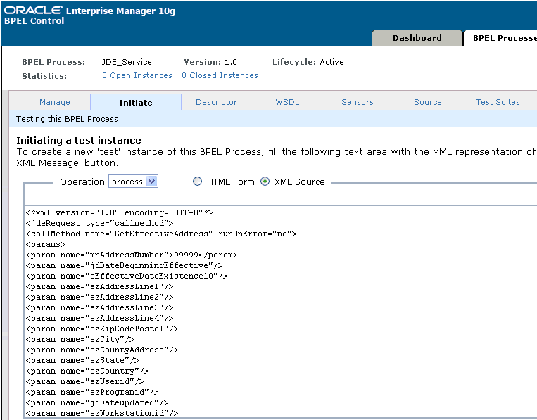 Oracle BPEL Console Initiate window Oracle BPEL Console Initiate window