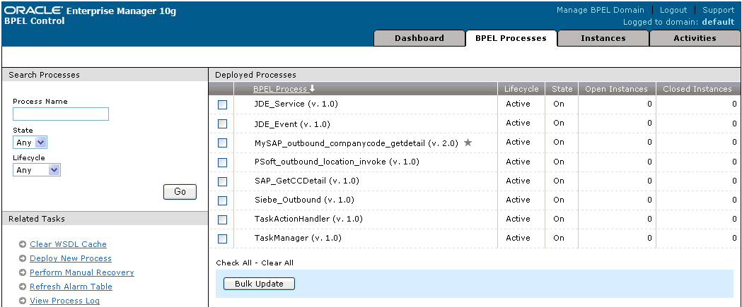 BPEL Processes tab in Oracle BPEL Console