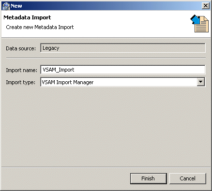 The definition of the import wizard to import VSAM metadata.