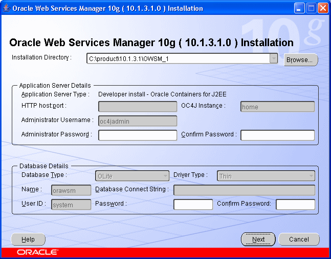 Oracle WSM Installation Screen