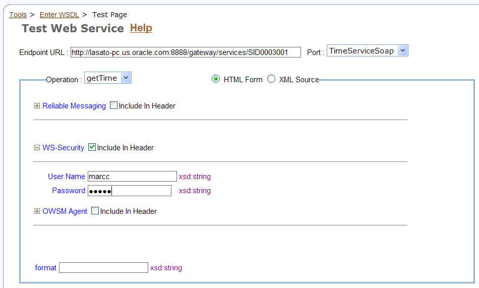 Screenshot of Test Page with WS-Security parameters