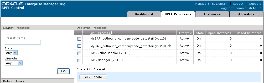 BPEL Console BPEL Processes tab