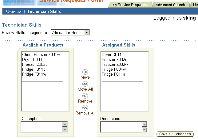 Technician skills page for assigning skills with shuttle