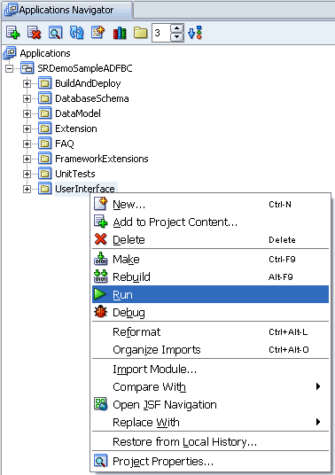 This image shows the SRDemo application in JDeveloper.