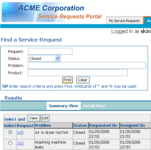 The results table displays once a search is executed.