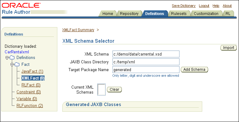 Rule Author XML Schema Selection Page Rule Author XML Schema Selection Page