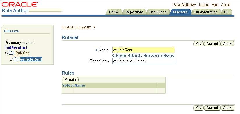 Rule Author RuleSet Page Showing the Create Button Rule Author RuleSet Page Showing the Create Button