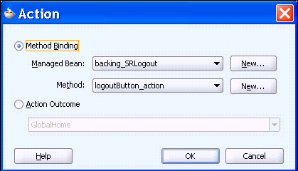 Backing bean method definition in Action dialog.