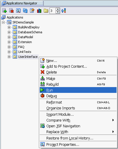 This image shows the SRDemo application in JDeveloper.