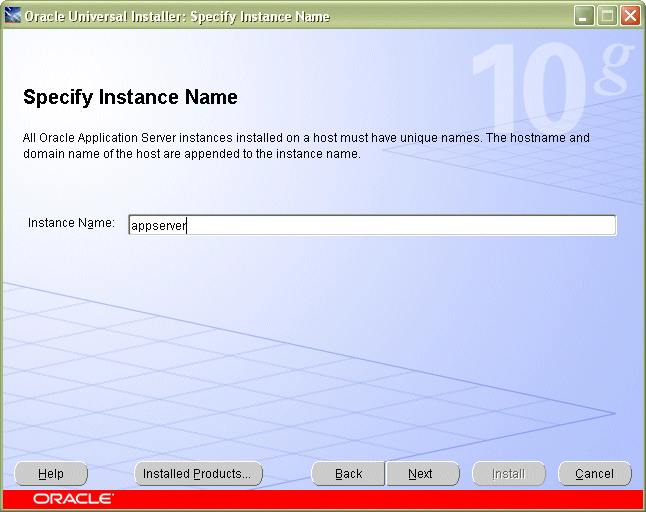 Specify Instance Name screen Specify Instance Name screen