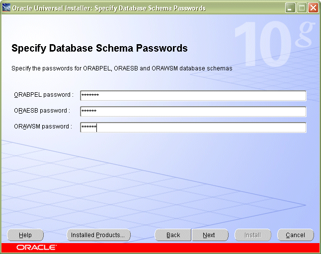 Specify Database Schema Passwords screen Specify Database Schema Passwords screen