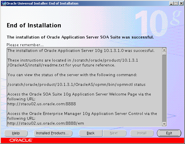 End of Installation screen