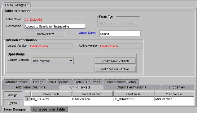 Child Table(s) Tab of the Form Designer Form
