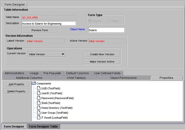 Properties Tab of the Form Designer Form