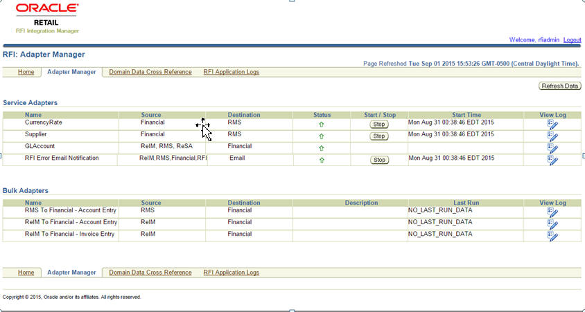 RFI Adapter Manager Screen - RSFT/EBS