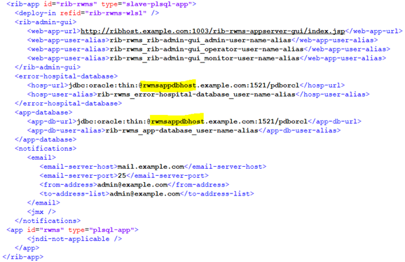 datasource url (host, port n service) entries are updated in the rib-app section of rib-rwms slave