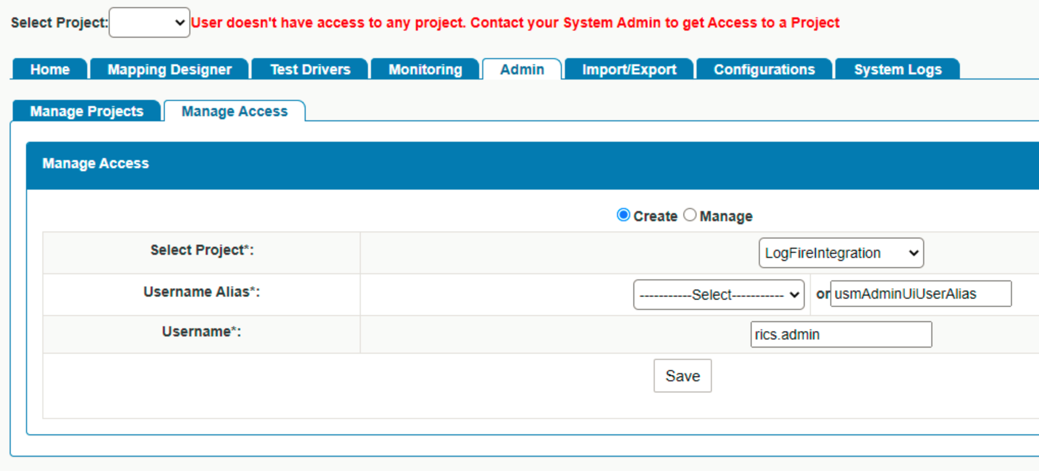 Admin Tab - Manage Access Sub-tab