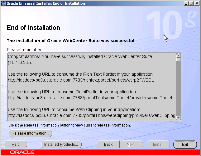 End of Installation screen