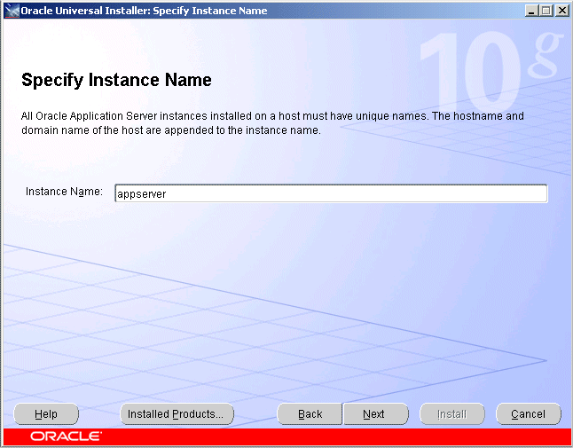 Specify Instance Name screen