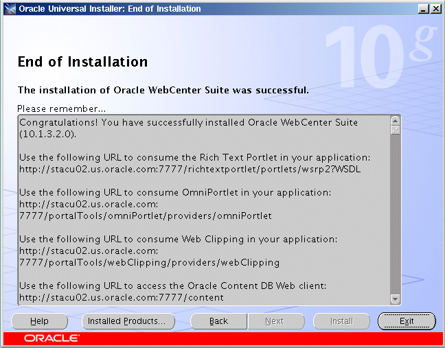 End of Installation screen