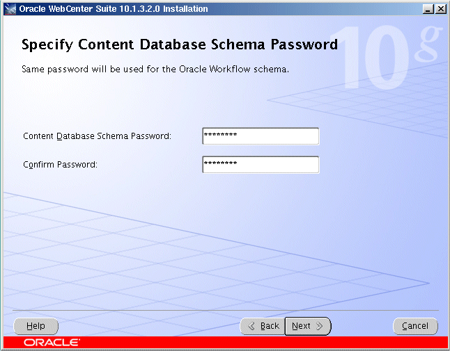 Specify content database schema password screen