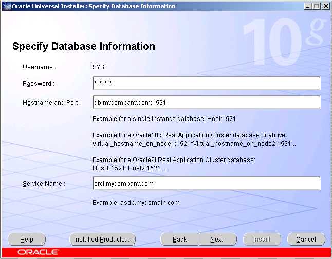 Specify database information screen
