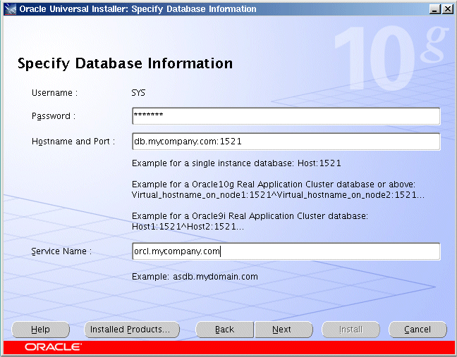 Specify Database Information Screen
