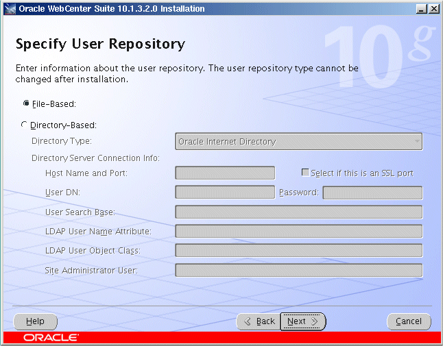 Specify User Repository screen