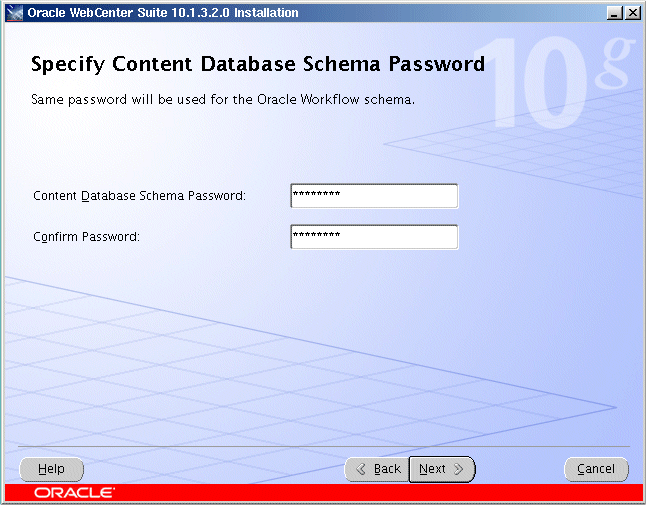 Specify Content Database Schema Password screen