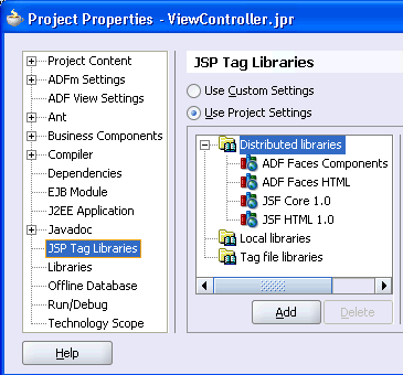 Image of Project Properties page for ADF tag libraries