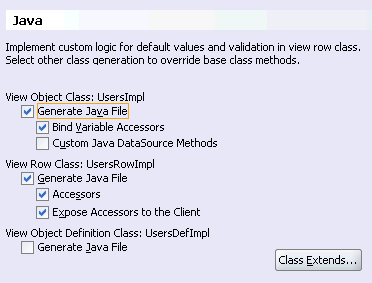 Image of Java Generation Options page