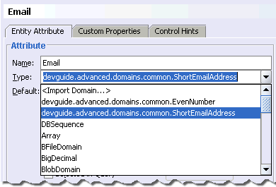 Image of available custom domain types in dropdown list